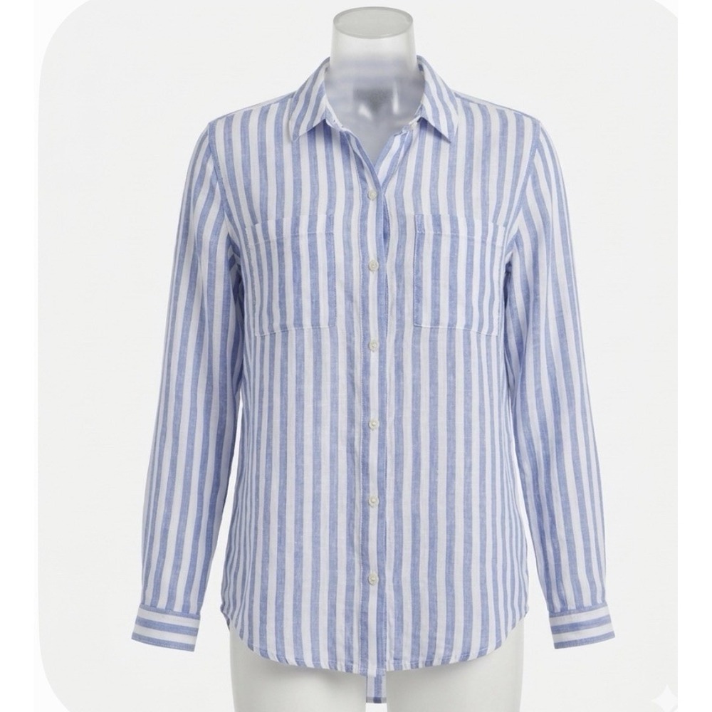 Lord & Taylor 100% Linen Blue & White Striped Button Down Shirt size M